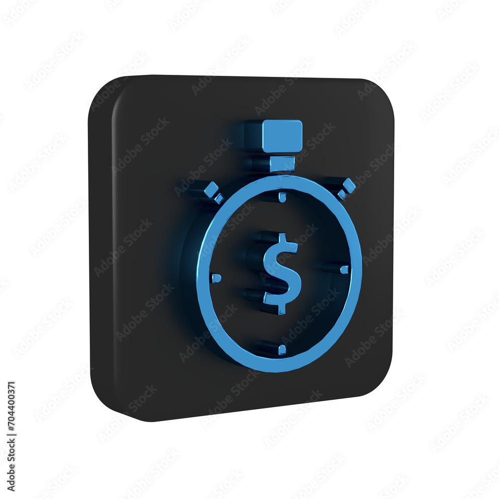 Blue Time is money icon isolated on transparent background. Money is time. Effective time management. Convert time to money. Stopwatch sign. Black square button. Blue Time is money icon isolated on transparent background. Money is time. Effective time management. Convert time to money. Stopwatch sign. Black square button.
