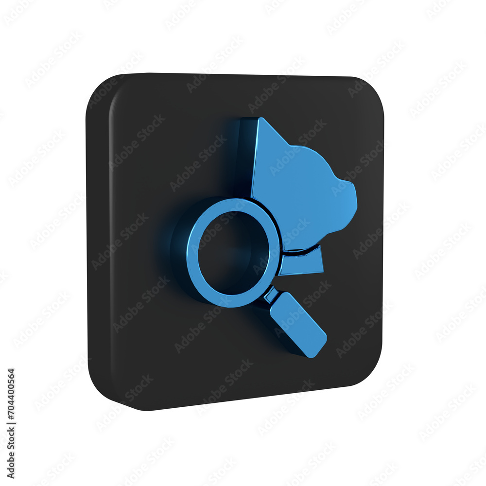 Blue Veterinary clinic symbol icon isolated on transparent background. Magnifying glass with cat veterinary care. Pet First Aid sign. Black square button. Blue Veterinary clinic symbol icon isolated on transparent background. Magnifying glass with cat veterinary care. Pet First Aid sign. Black square button.
