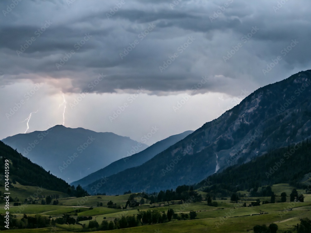 Obraz premium threatening cloudy sky with flashes and lightning in the mountains-