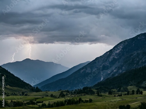 threatening cloudy sky with flashes and lightning in the mountains-