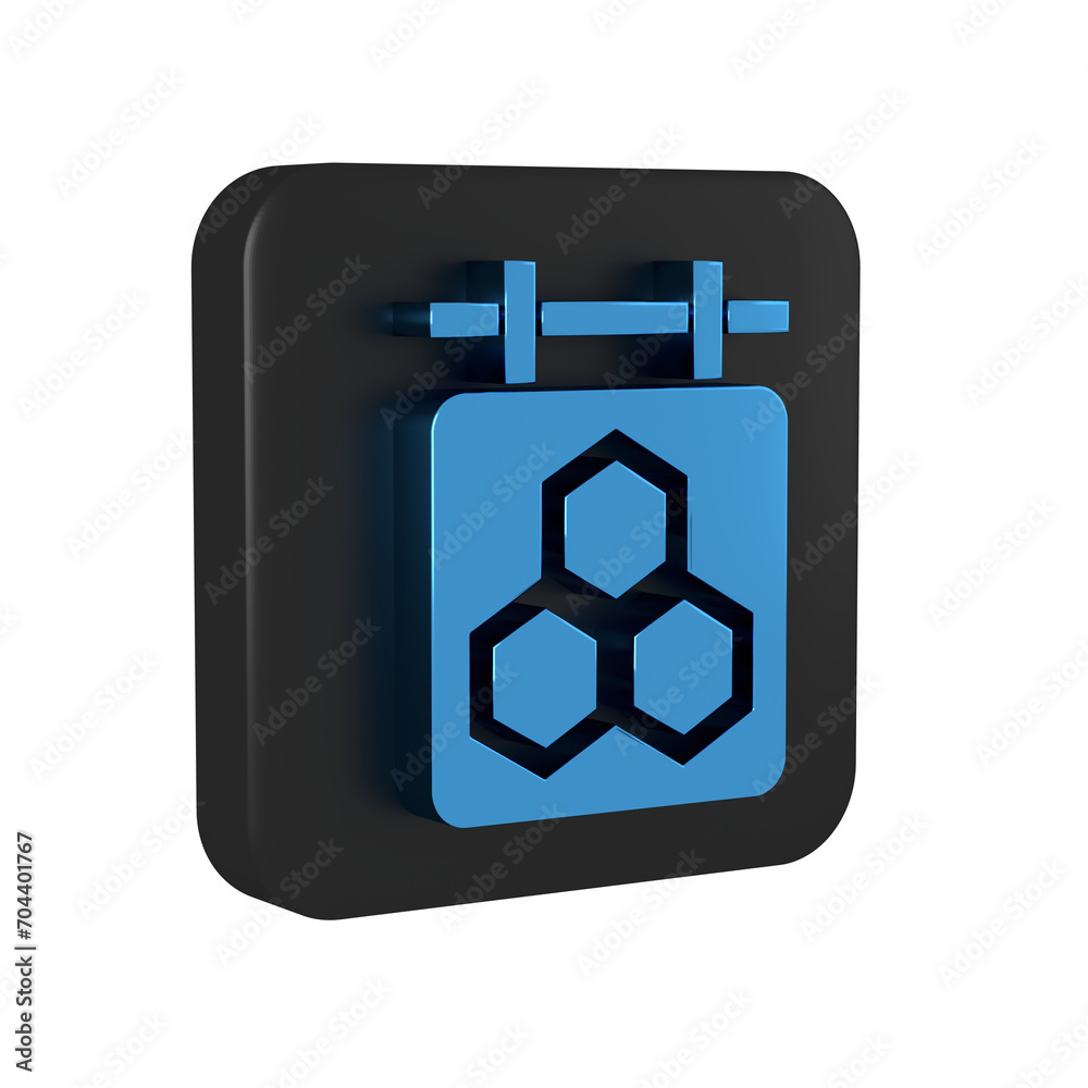 Blue Hanging sign with honeycomb isolated on transparent background. Signboard icon. Honey cells symbol. Sweet natural food. Black square button. Blue Hanging sign with honeycomb isolated on transparent background. Signboard icon. Honey cells symbol. Sweet natural food. Black square button.