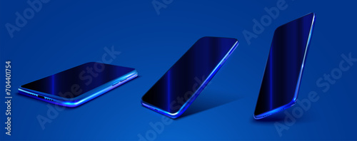 Contemporary glass smartphone suspended above a table, featuring  sleek dark blue surface, displayed in a perspective view a reflection. Modern Smartphone Evolution with Futuristic Blue Neon Glow