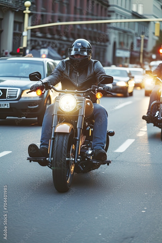 With style and speed, the motorcyclist navigates urban traffic, leaving behind a trail of excitement.