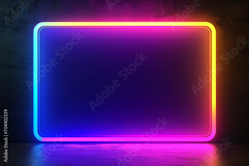 Neon rectangle frame, stage lights, glowing LED rectangle. Abstract background. Dance floor or stage with pink, blue, purple, and yellow glow in a rectangular shape. Backdrop banner with copy space. photo
