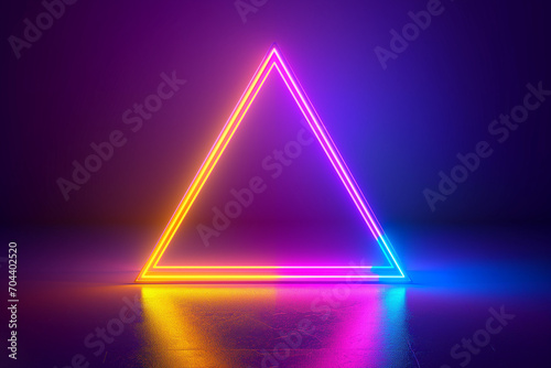 Neon triangle, stage lights, glowing LED triangles. Abstract background. Dance floor or stage with pink, blue, purple, and yellow glow in a triangular shape. Backdrop banner with copy space.