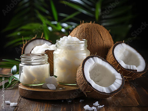 Fresh open coconut for sale on street market, dark baackground photo