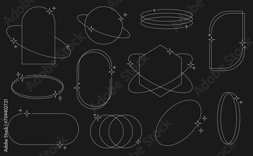 Set of white geometric aesthetic abstract line frames and shapes with stars boho, brutalism, Y2K style. Geometric elements with sparkles for template design social media, poster, banner, logo, sticker