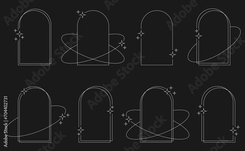 Set of white geometric aesthetic abstract line frames and shapes with stars boho, brutalism, Y2K style. Geometric elements with sparkles for template design social media, poster, banner, logo, sticker