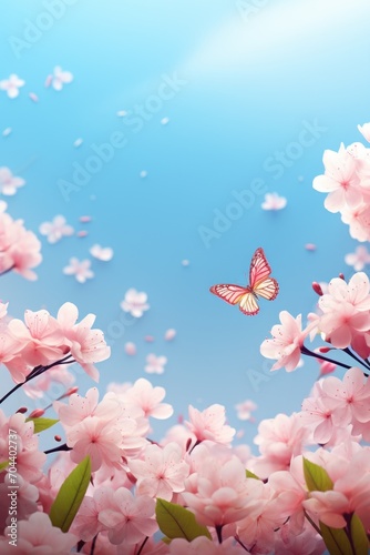 Blue butterfly and pink cherry blossom © TETIANA