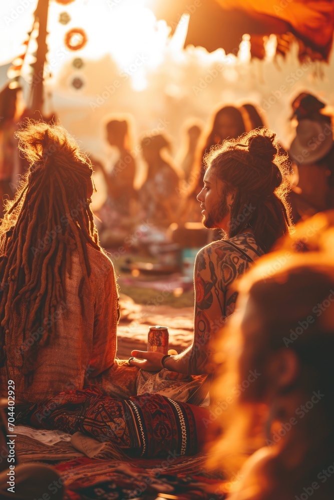 Fototapeta premium a group meditation session amidst a rave, individuals adorned in hippie clothing and rasta hairstyles during sunrise