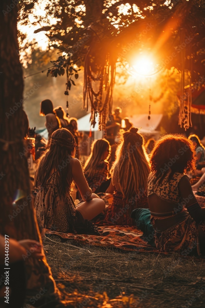 a group meditation session amidst a rave, individuals adorned in hippie clothing and rasta hairstyles during sunrise
