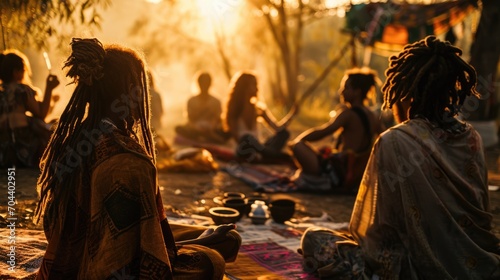 a group meditation session amidst a rave, individuals adorned in hippie clothing and rasta hairstyles during sunrise © cff999