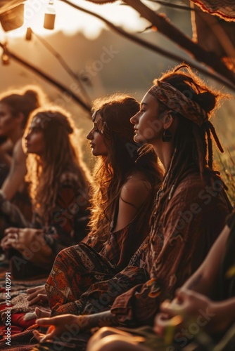 a group meditation session amidst a rave  individuals adorned in hippie clothing and rasta hairstyles during sunrise