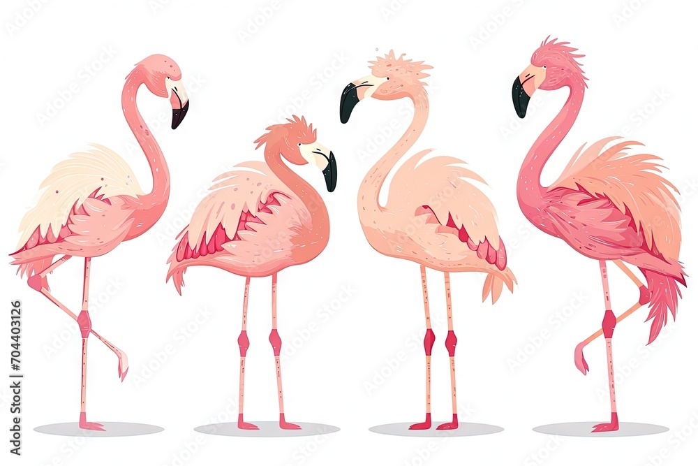 Obraz premium Very childish cute kawaii flamingo clipart vector, organic forms with desaturated light and airy pastel color palette. Great as nursery art with white background.