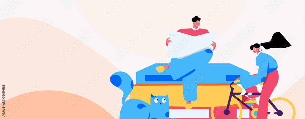 Fototapeta premium Character reading quietly vector concept operation hand drawn illustration 
