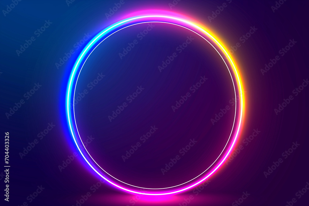 Blue, pink, and yellow illuminated frame design. Abstract cosmic vibrant color circle backdrop. A collection of glowing neon lighting on a dark background with copy space. Top-view futuristic style. Blue, pink, and yellow illuminated frame design. Abstract cosmic vibrant color circle backdrop. A collection of glowing neon lighting on a dark background with copy space. Top-view futuristic style.