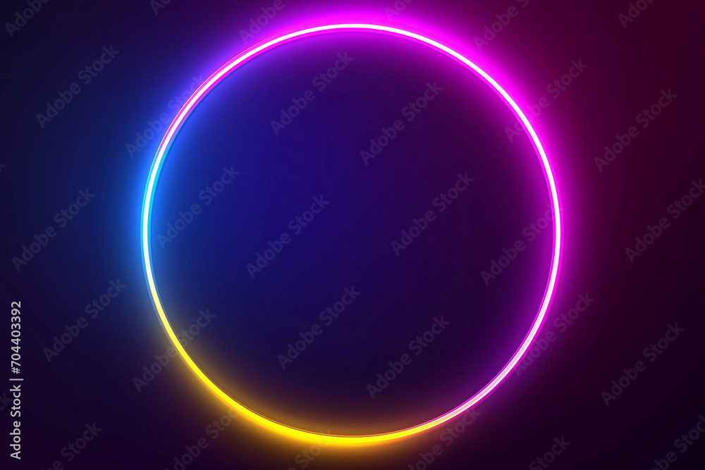 Obraz premium Blue, pink, and yellow illuminated frame design. Abstract cosmic vibrant color circle backdrop. A collection of glowing neon lighting on a dark background with copy space. Top-view futuristic style.