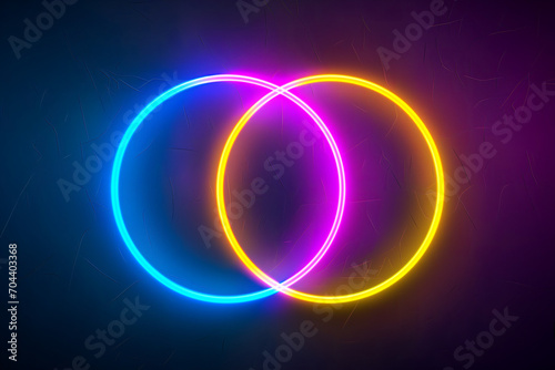 Two Neon Overlapping Circles. Blue  pink and yellow glowing LED hoops.