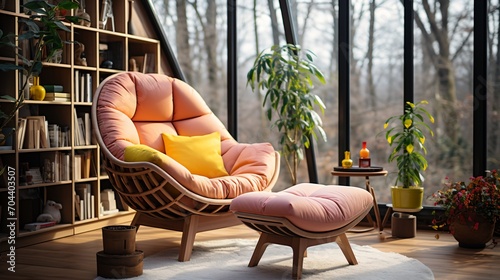 A comfortable pink chair and ottoman in a living room with a large window photo