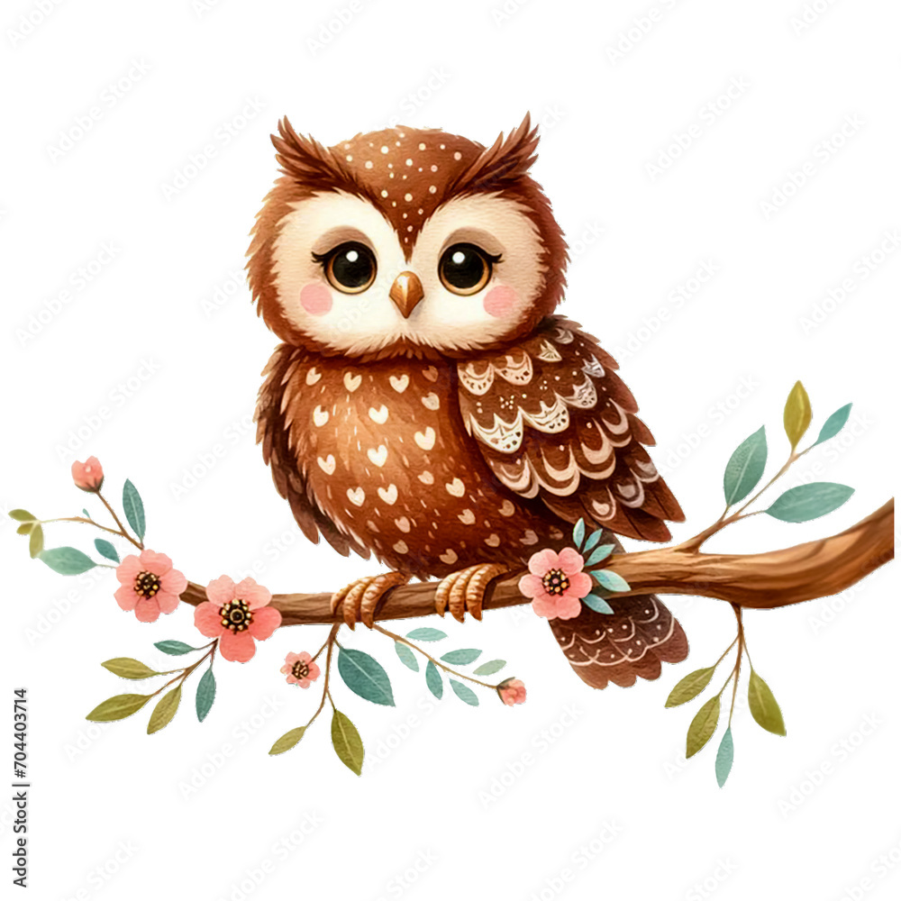 Fototapeta premium Watercolor Owl Perching On A Tree Branch