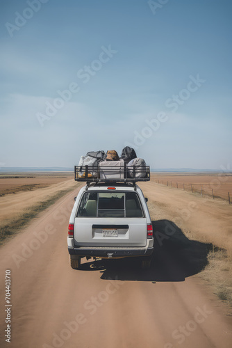 Capturing the anticipation of family journeys, suitcases strapped on top of the car.