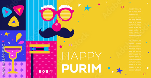 Purim Carnival- Jewish holiday. Happy Carnival banner. colorful geometric background with clown, masks, decoration, clown and confetti. Vector design