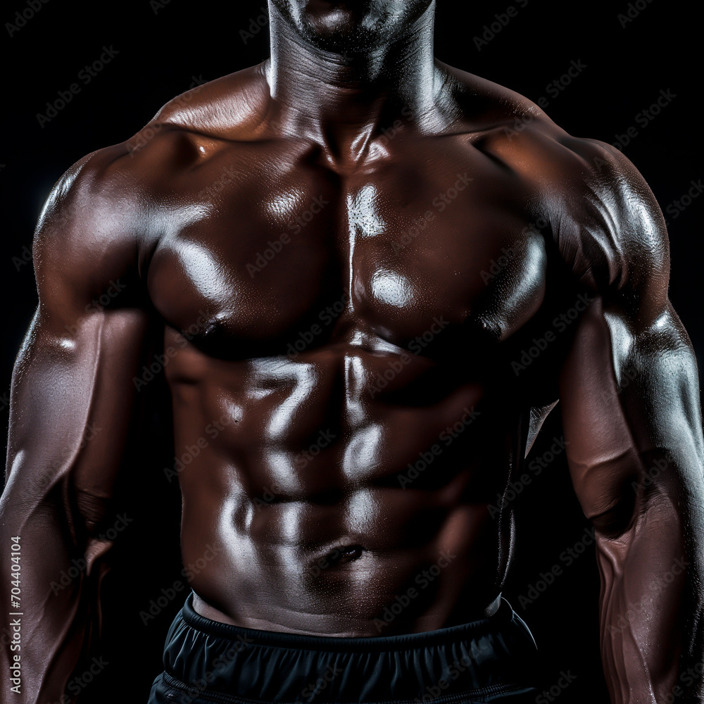 Close-up of a muscular bodybuilder's torso, highlighting fitness and strength. Isolated on black background. Close-up of a muscular bodybuilder's torso, highlighting fitness and strength. Isolated on black background.