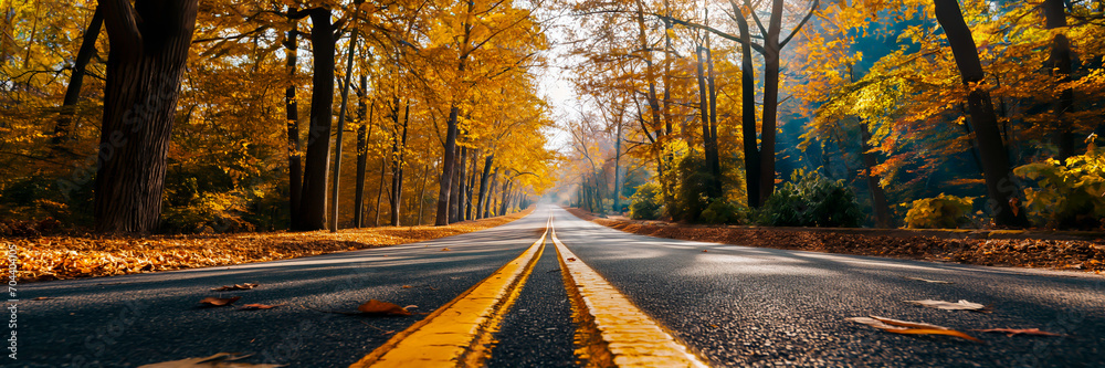 Fototapeta premium Autumn road through a forest with vibrant fall foliage and sunlight. Shallow field of view.