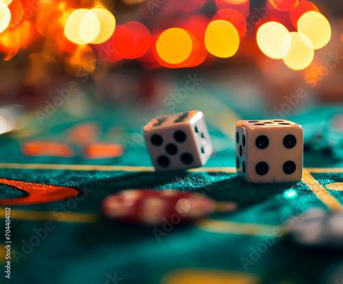 Dice on casino table with colorful bokeh, gambling background. Shallow field of view. 