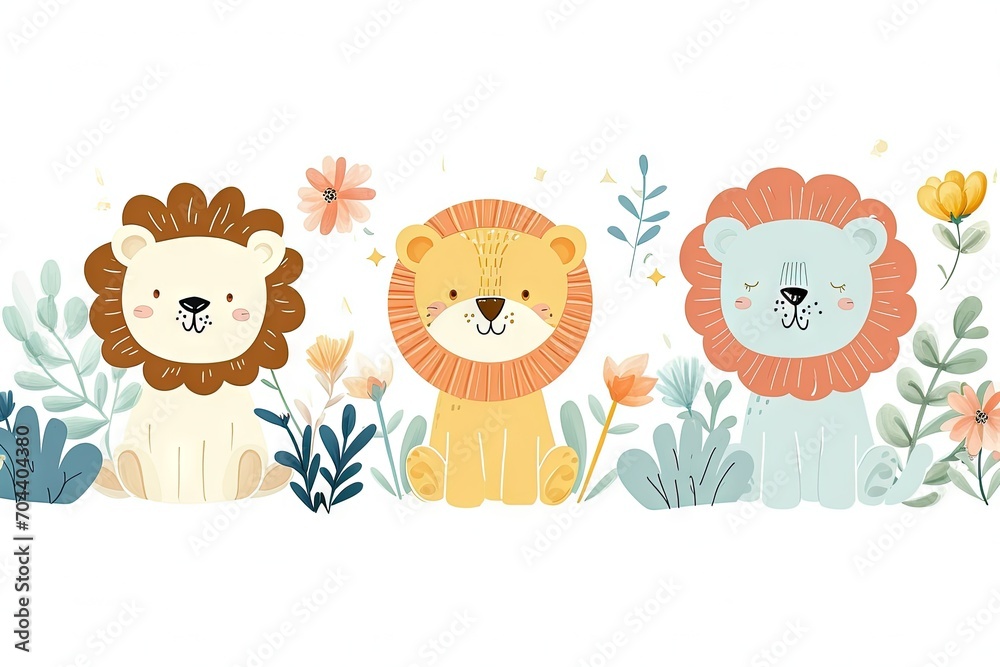 Fototapeta premium Very childish cute kawaii lion clipart vector, organic forms with desaturated light and airy pastel color palette. Great as nursery art with white background.