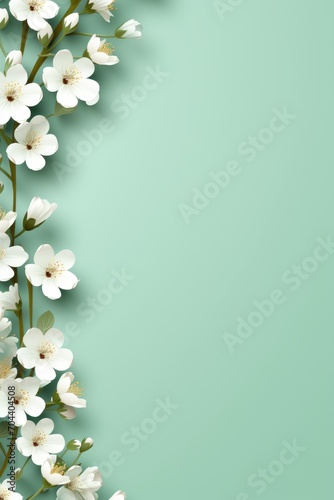  Floral frame. Spring flowers on a green background, copy space.