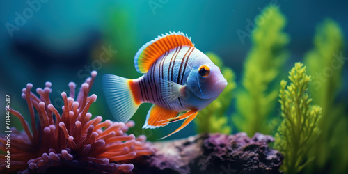A colorful Harlequin Tuskfish glides through a marine aquarium surrounded by vivid coral formations and lush green aquatic plants.