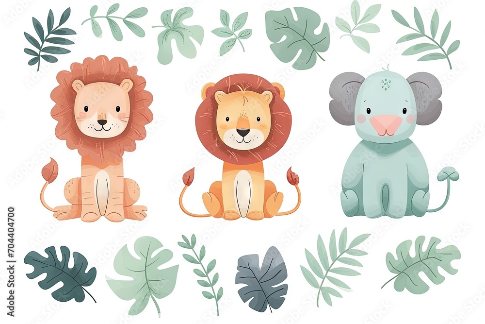 Very childish cute kawaii lion clipart vector, organic forms with desaturated light and airy pastel color palette. Great as nursery art with white background.
