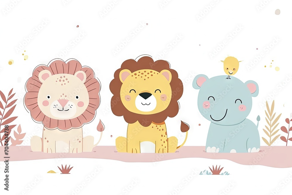 Obraz premium Very childish cute kawaii lion clipart vector, organic forms with desaturated light and airy pastel color palette. Great as nursery art with white background.