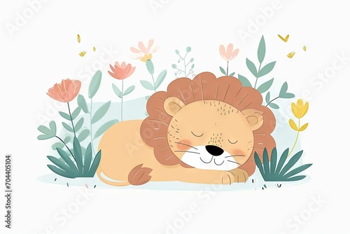 Very childish vintage cartoon cute and charming kawaii lion clipart vector, organic forms with desaturated light and airy pastel color palette. Great as nursery art with white background. photo