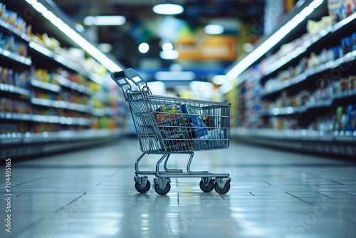 Ein leerer Einkaufswagen im Supermarkt wartet geduldig darauf, mit Lebensmitteln, Produkten und vielleicht einigen Waren des täglichen Bedarfs gefüllt zu werden. Es ist ein Symbol für die Möglichkeite photo