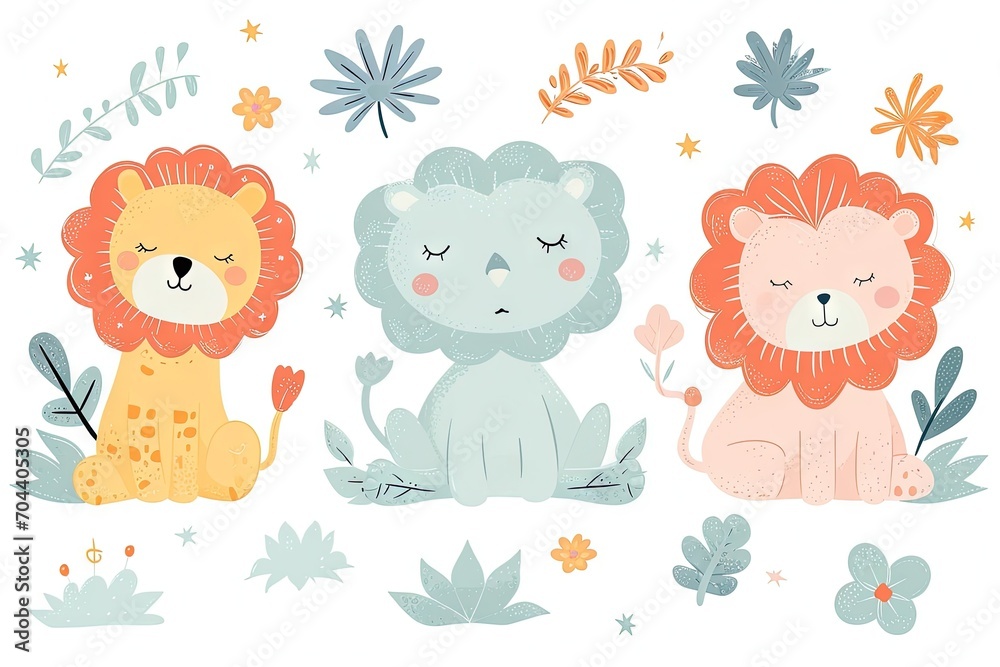 Very childish vintage cartoon cute and charming kawaii lion clipart vector, organic forms with desaturated light and airy pastel color palette. Great as nursery art with white background.