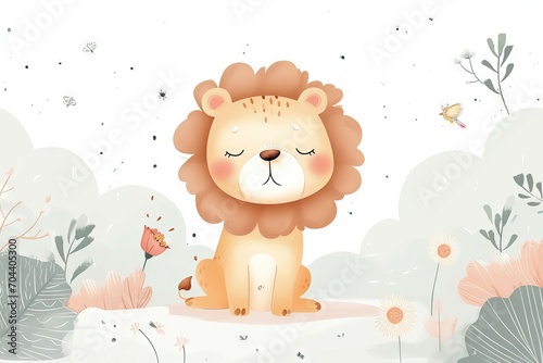 Very childish vintage cartoon cute and charming kawaii lion clipart vector  organic forms with desaturated light and airy pastel color palette. Great as nursery art with white background.