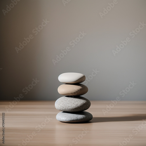 Spa, balance, meditation and zen minimal modern concept. Stack of stone pebbles against beige wall