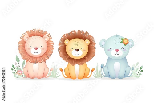Very childish vintage cartoon cute and charming kawaii lion clipart vector, organic forms with desaturated light and airy pastel color palette. Great as nursery art with white background. photo