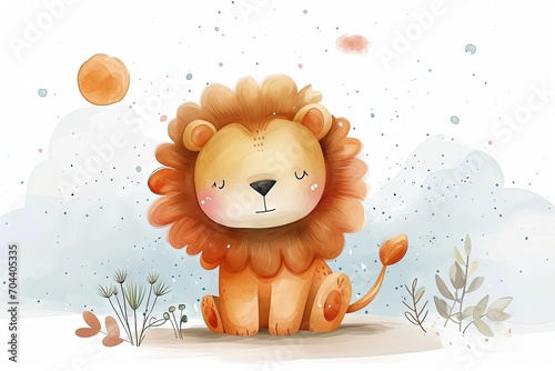 Very childish vintage cartoon cute and charming kawaii lion clipart vector, organic forms with desaturated light and airy pastel color palette. Great as nursery art with white background. photo