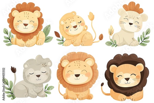 Very childish vintage cartoon cute and charming kawaii lion clipart vector  organic forms with desaturated light and airy pastel color palette. Great as nursery art with white background.