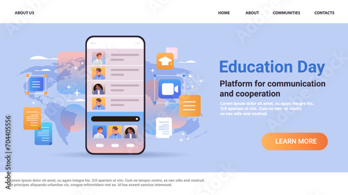 mix race students group discussing during online video call on smartphone screen virtual conference education day live webinar