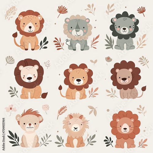 Very childish watercolor vintage cartoon cute and charming kawaii lion clipart vector  organic forms with desaturated light and airy pastel color palette. Great as nursery art with white background.