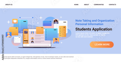 mix race students group taking notes and organizing personal information on laptop screen virtual conference education day e-learning