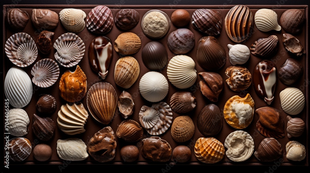 An atmospheric image featuring a variety of Guylian Chocolate Sea Shellsemphasizing the assortment of flavorstexturesand designscreating a visually stunning and tempting display.