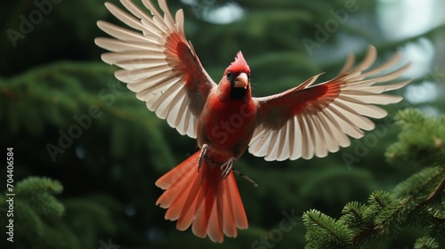 A male Northern Cardinal captured mid-flight, wings outstretched, against the backdrop of a sprawling spruce tree, a testament to its agility. © Sajawal