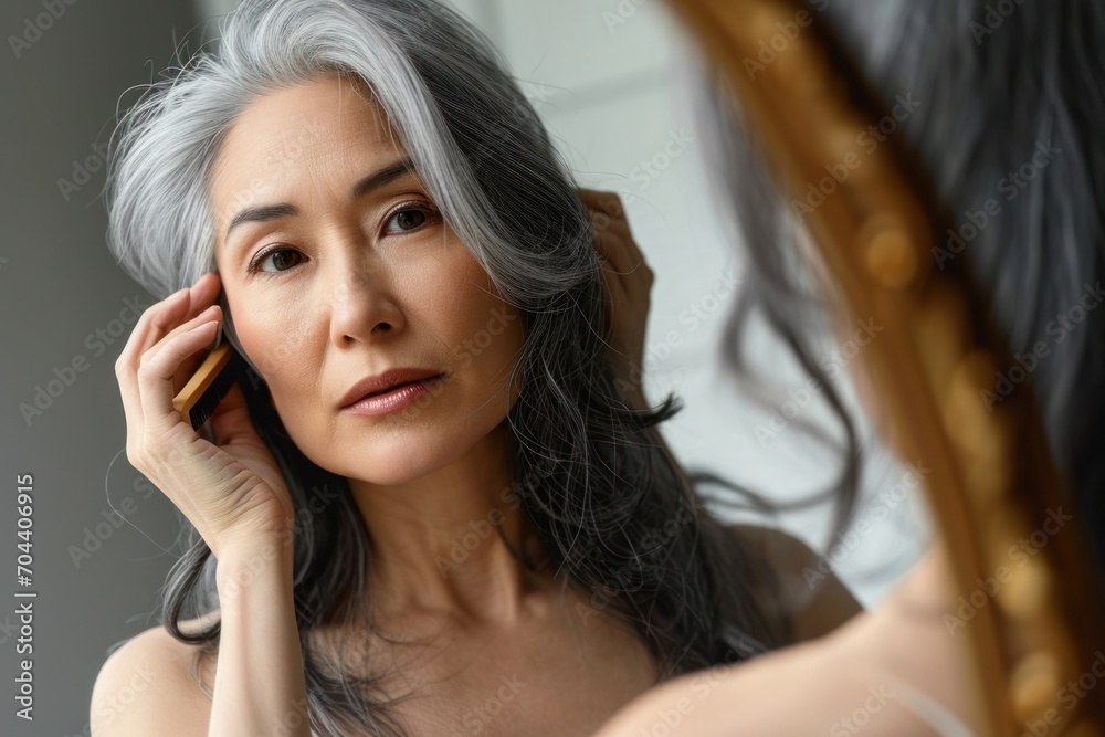 Senior attractive middle 50 years aged asian woman with gray hair