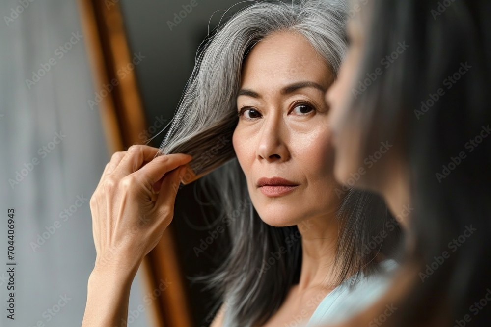 Senior attractive middle 50 years aged asian woman with gray hair