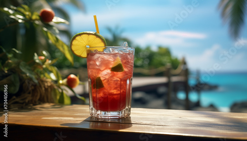 tropical cocktail on a wooden tabletop against the background of the sea. seaside vacation concept.